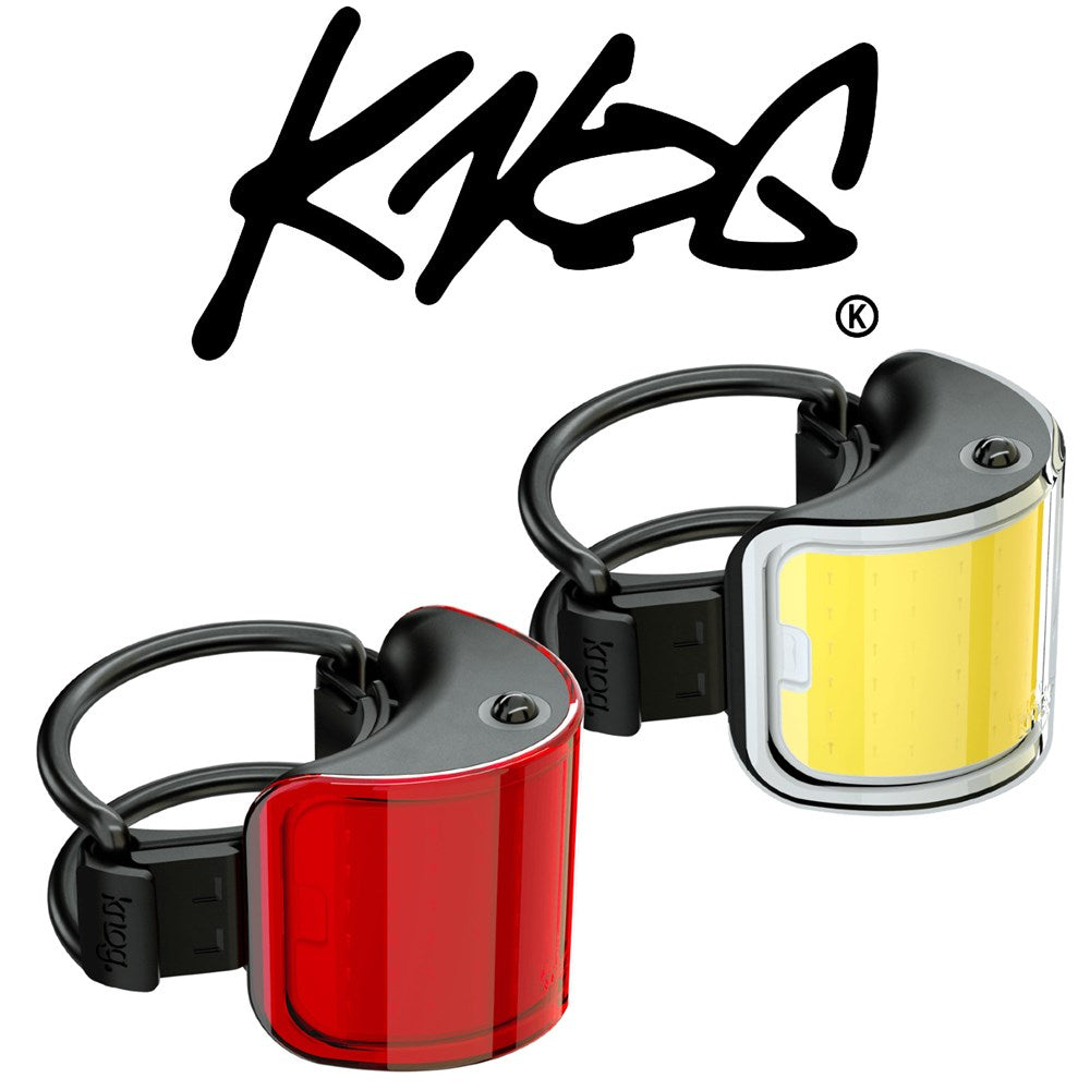 Knog Lil Cobber lights, one red and one yellow.